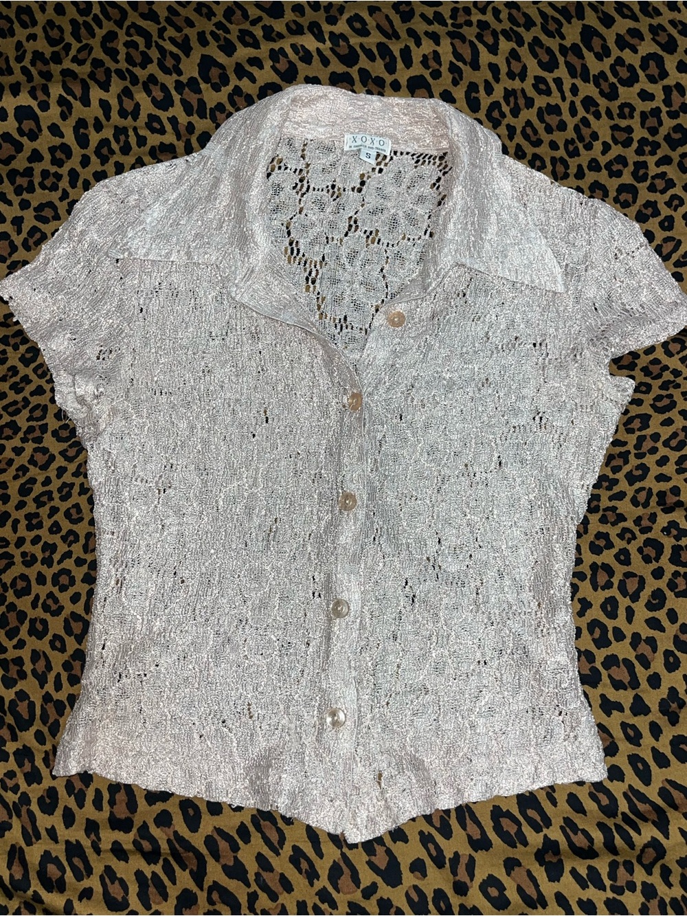 XOXO Metallic Light Pink Lace Button-Up Short Sleeve Top
